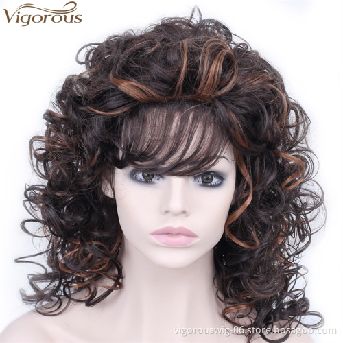 Vigorous Medium Long Curly Black Mixed Light Brown Synthetic Wigs With Bangs For Black Women Glueless Heat Resistant Hair Wigs